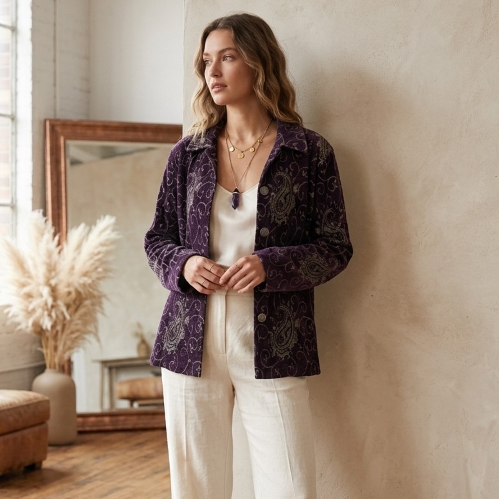 Vintage Units Purple Paisley Chenille Jacket Bohemian Glam Shacket Art To Wear